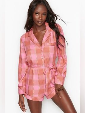 VICTORIA'S SECRET Flannel Tie Pink Plaid Romper Pajamas